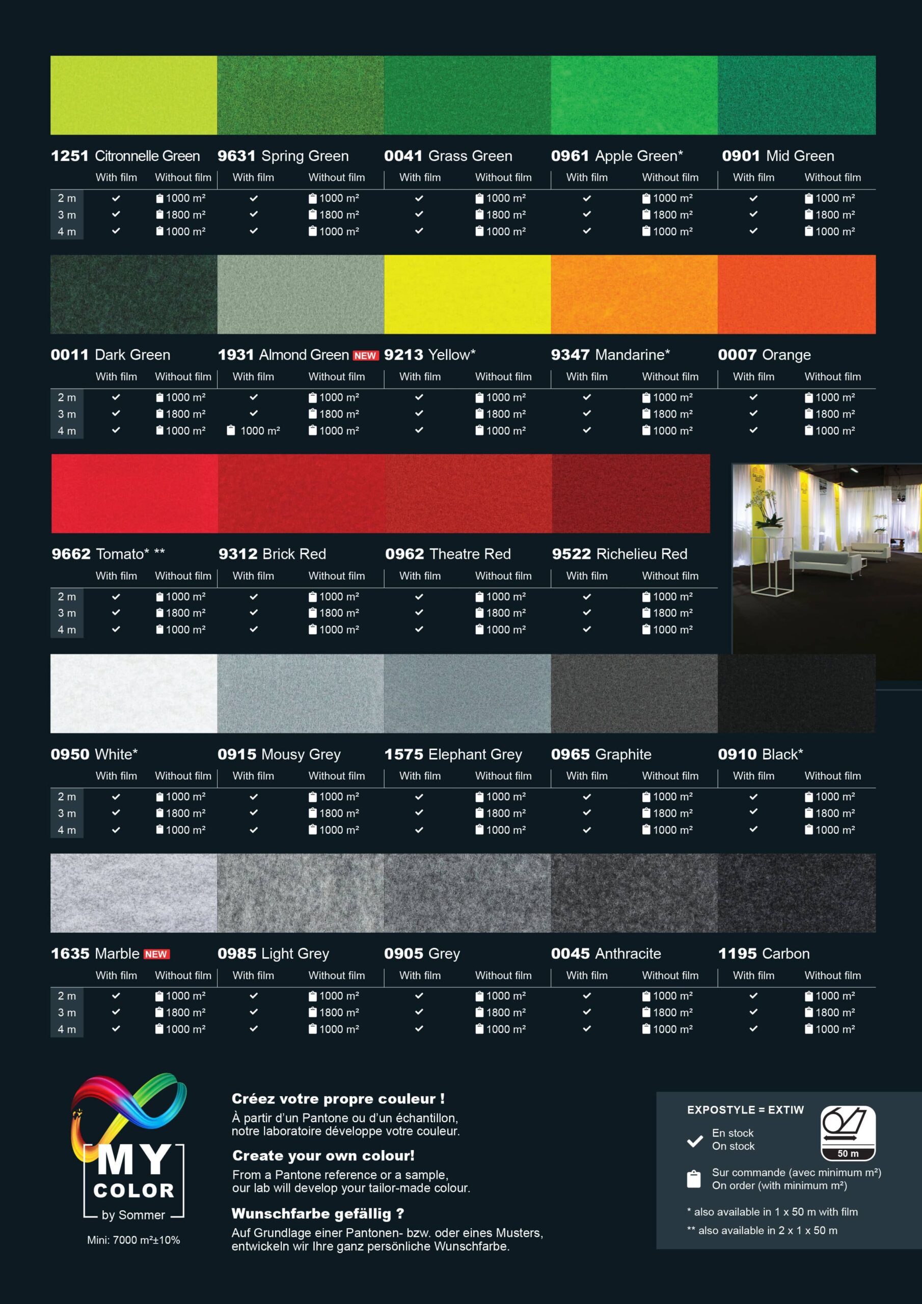 Expostyle carpet color chart: 2, 3 and 4m widths
